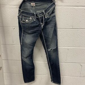 True Religion Distressed Dark Blue Cropped Jeans